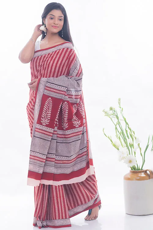 Bagh Hand Block Printed Cotton Saree - Red & White Vine