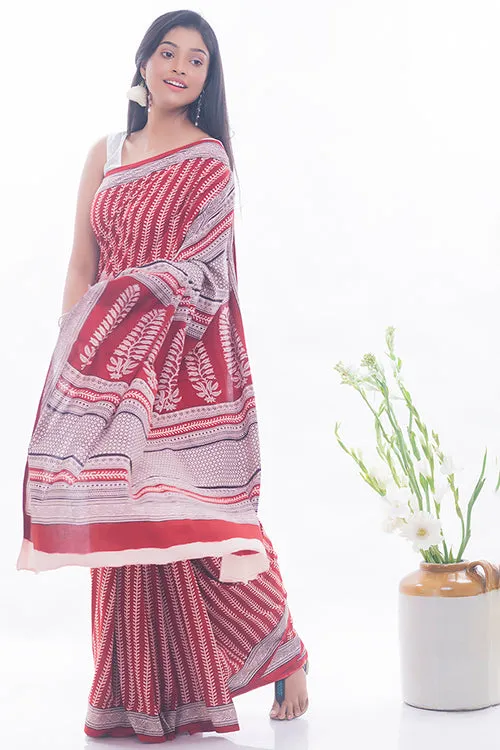 Bagh Hand Block Printed Cotton Saree - Red & White Vine