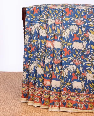 Blue floral vine & pichwai machine-printed kalamkari cotton saree, contrast floral & geometric printed border