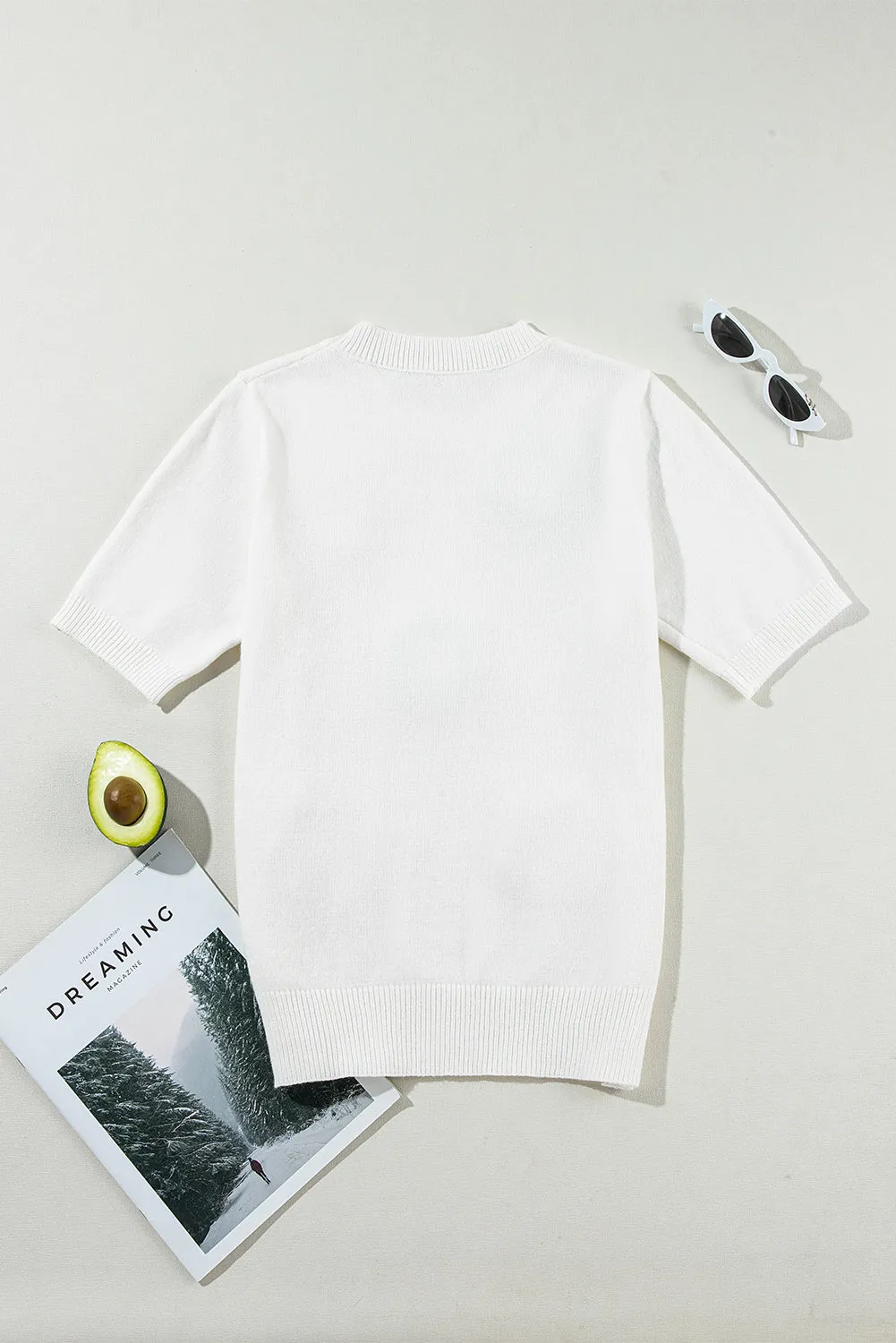 Cream Cute Flower Applique Short Sleeve Sweater