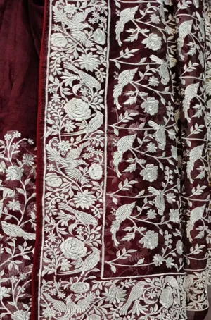 Maroon Embroidered Parsi Gara Organza Bird And Flower Design Saree