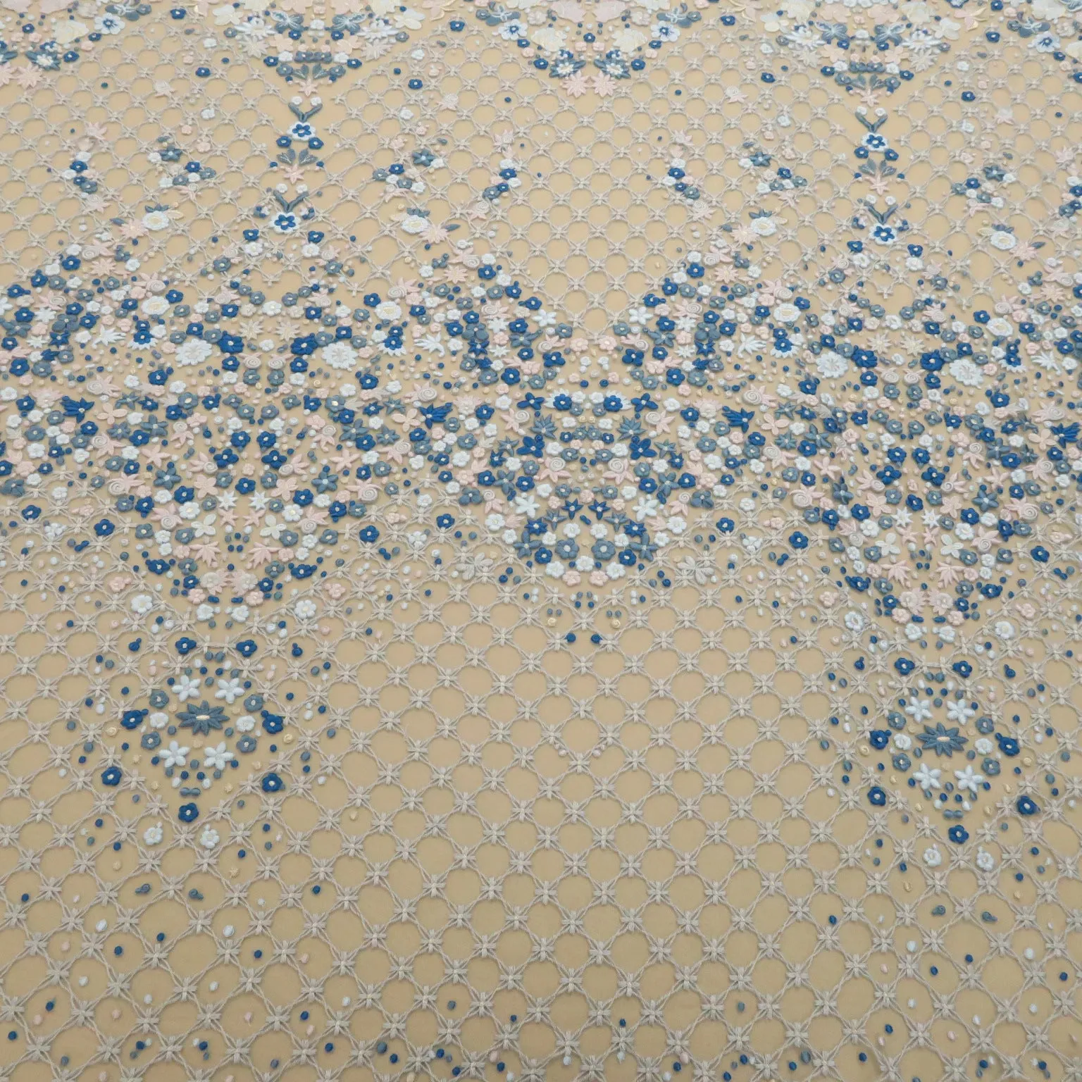 Silver Tulle with Silver Light Blue and Aqua Floral Embroidered Fabric