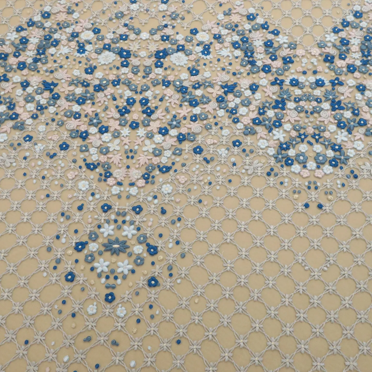 Silver Tulle with Silver Light Blue and Aqua Floral Embroidered Fabric