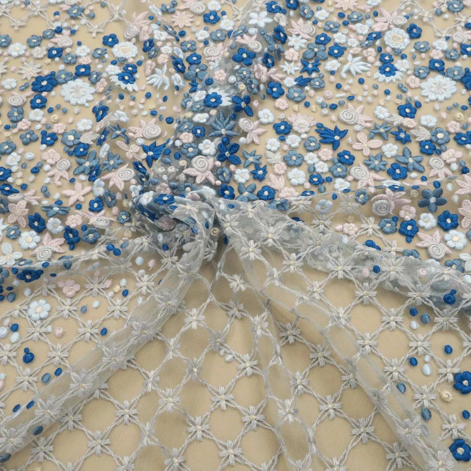 Silver Tulle with Silver Light Blue and Aqua Floral Embroidered Fabric