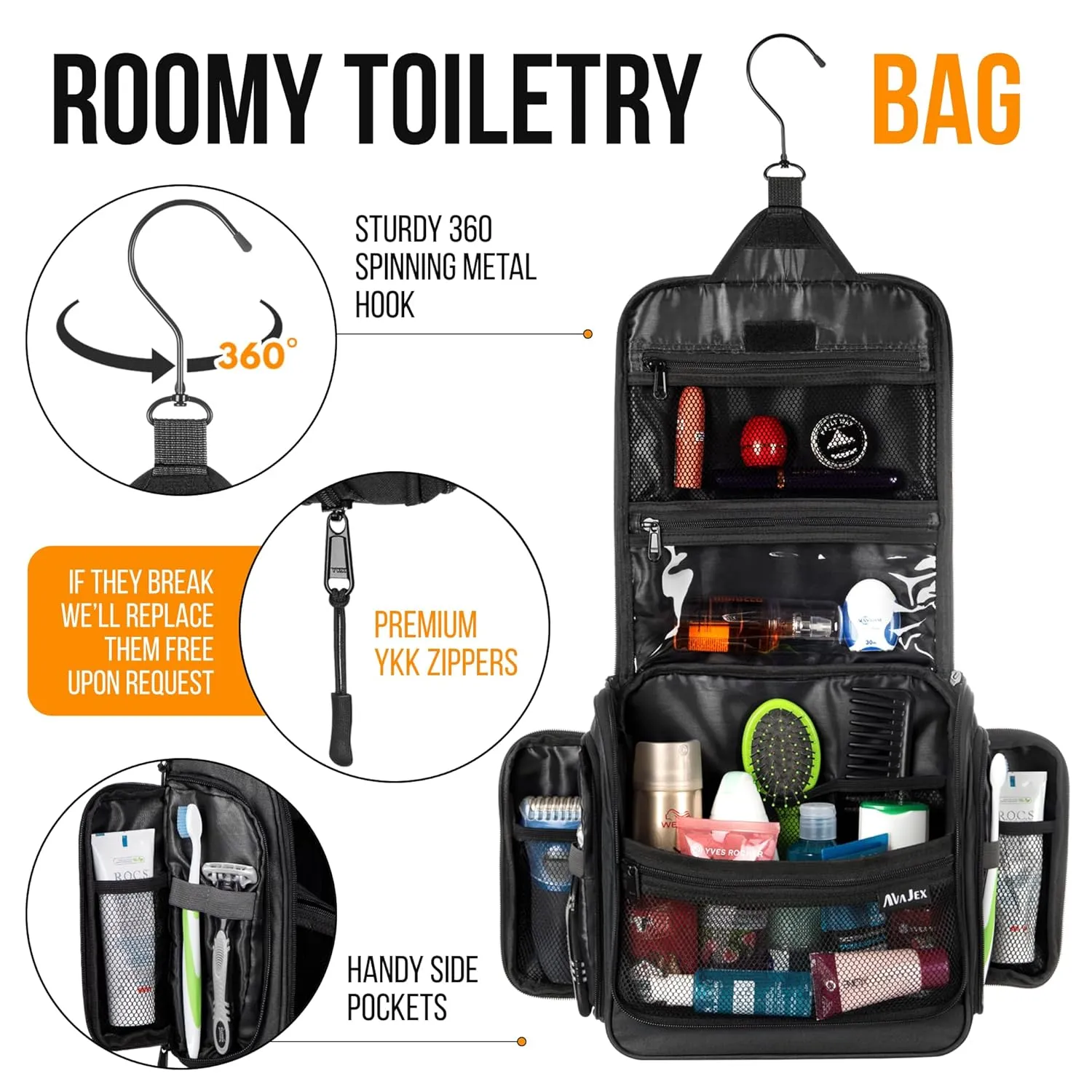 Travel Toiletry Bag for Men and Women - Large Hanging Toiletry Organizer - Waterproof Hygiene Bag with Metal XXL Swivel Hook, with YKK Zippers and 19 Compartments for Toiletries, Makeup, Cosmetics