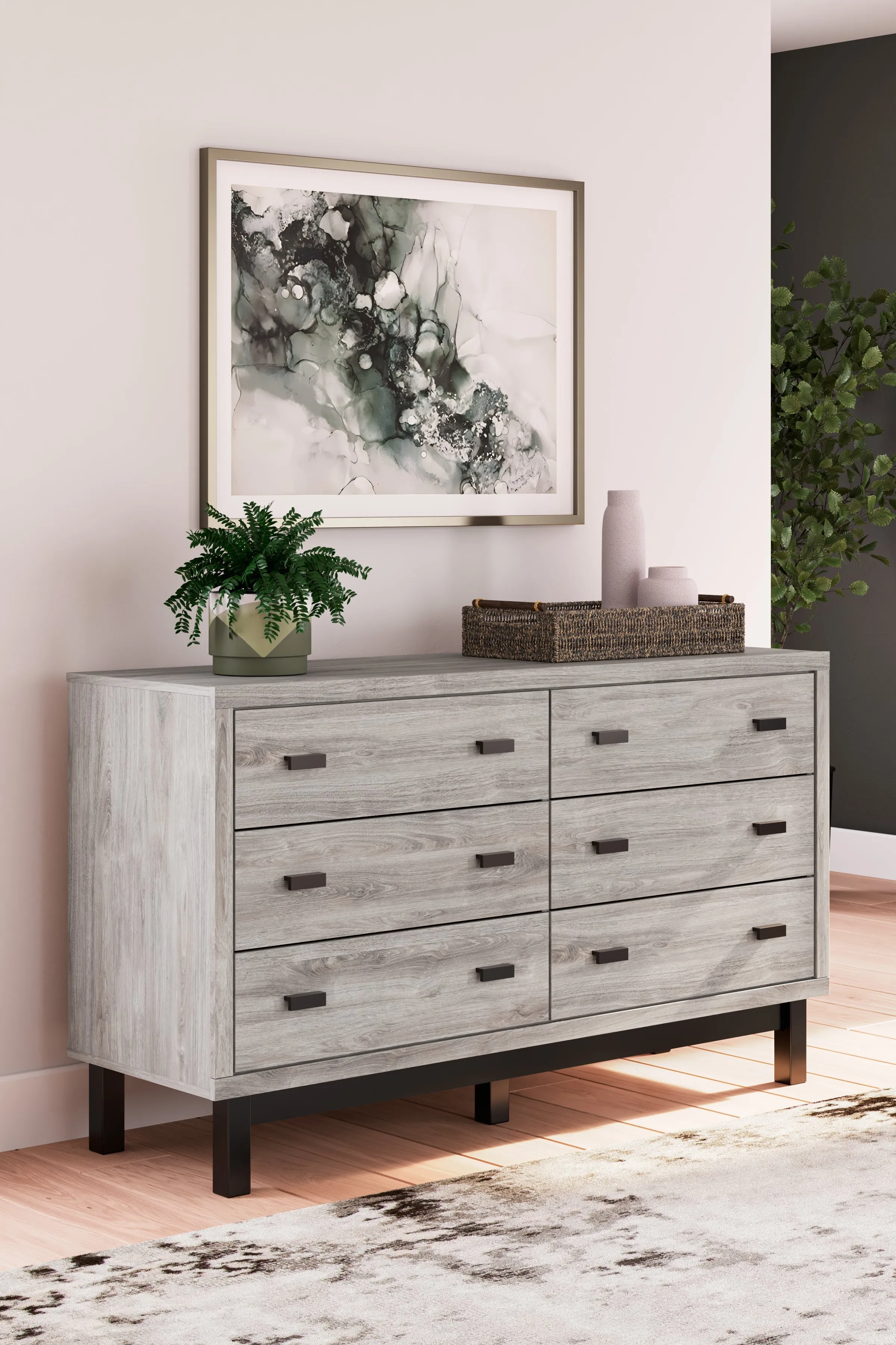 Vessalli King Panel Bed with Dresser in Gray