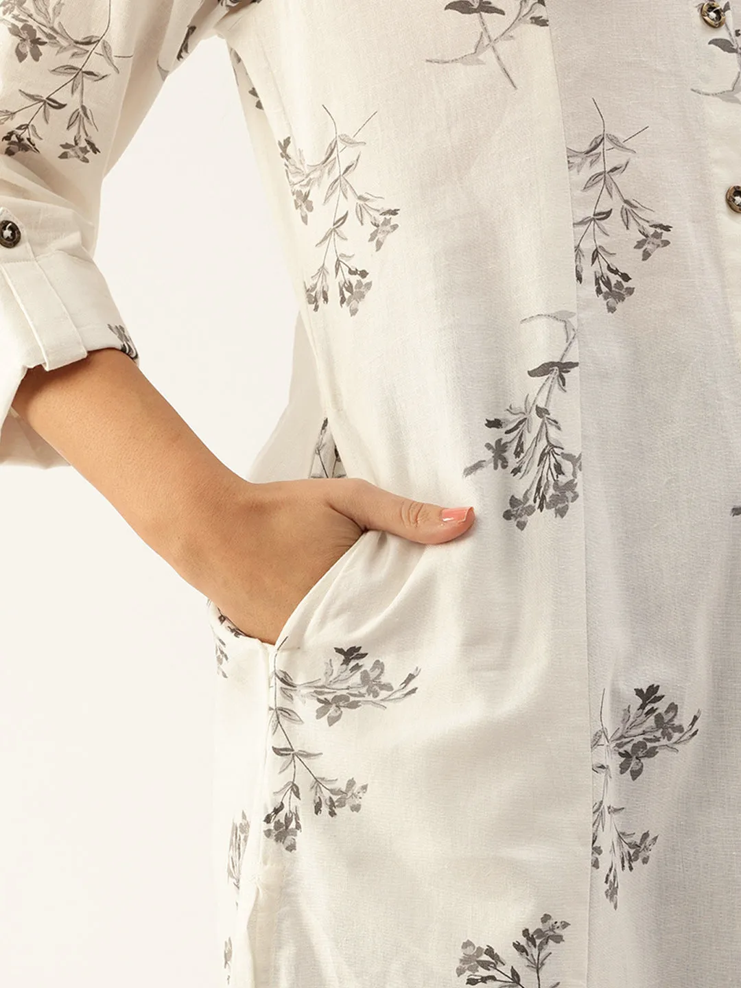 White Floral Printed Panelled  Kurta